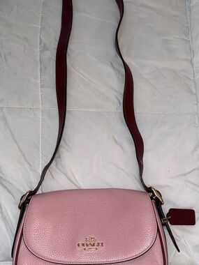 Coach Pebbled Leather Crossbody Bag in Pink with Maroon Strap